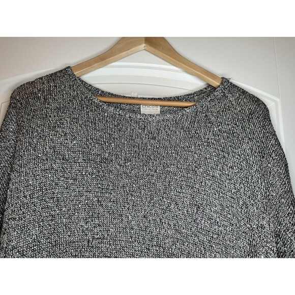 Chicos Women’s Sz 3 Taupe Black Multi Silver Sequin Poly Rayon Sweater - Picture 2 of 8